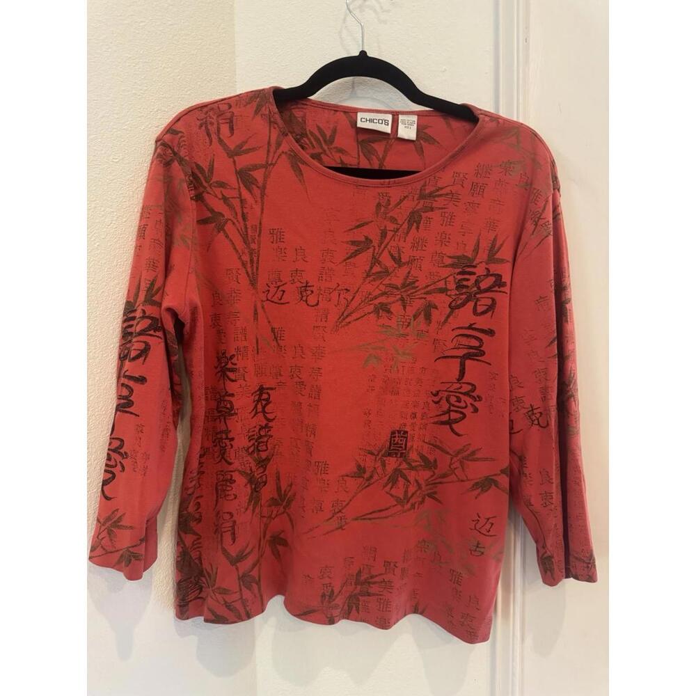 Chicos Size 2 Long Sleeve Orange 100% Cotton L XL T-shirt Y2K